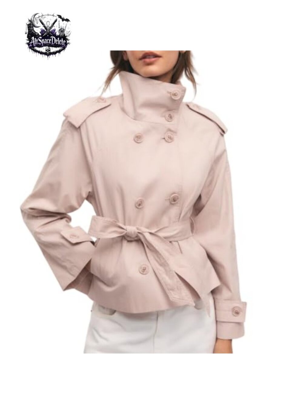 Womens Cropped Trench Coat Double Breasted Belted Short Jacket High Collar